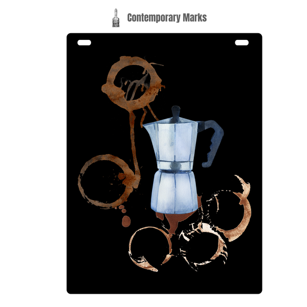 Metal sign with a blue coffee pot and brown coffee stains on a black background