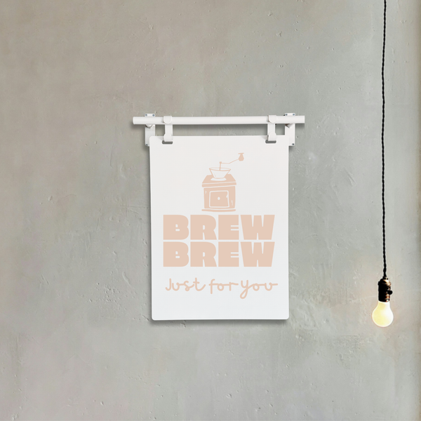 modern coffee artwork with brew brew text on a metal hanging frame