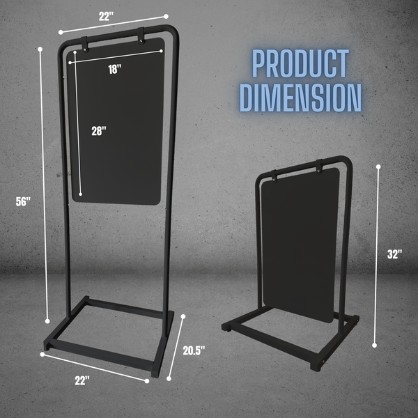 Product Dimension Specification for Contemporary Marks Swing Sign in both short and tall configuration in Black