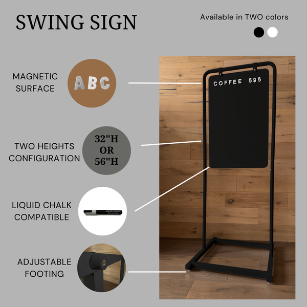 Swing sign with features highlighted for black metal frame with black board
