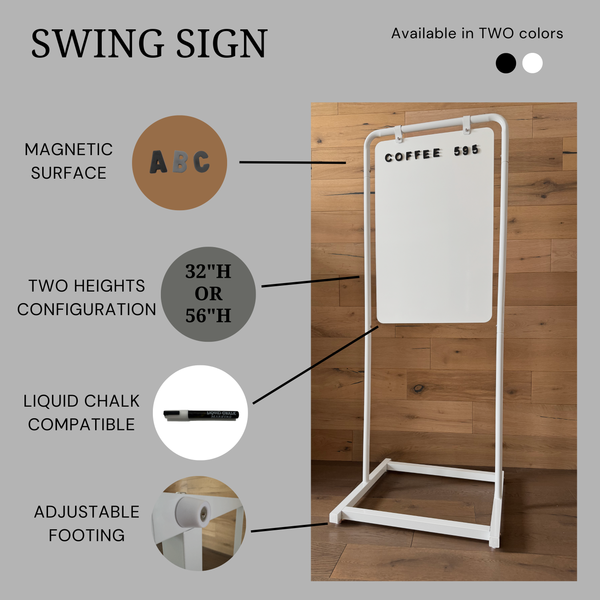 White Swing sign with features highlighted on a white board