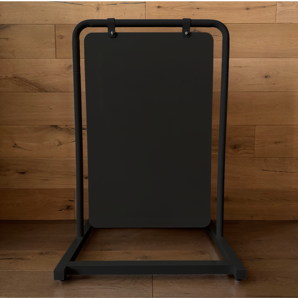 Black metal swing stand with a black board in 32"H configuration
