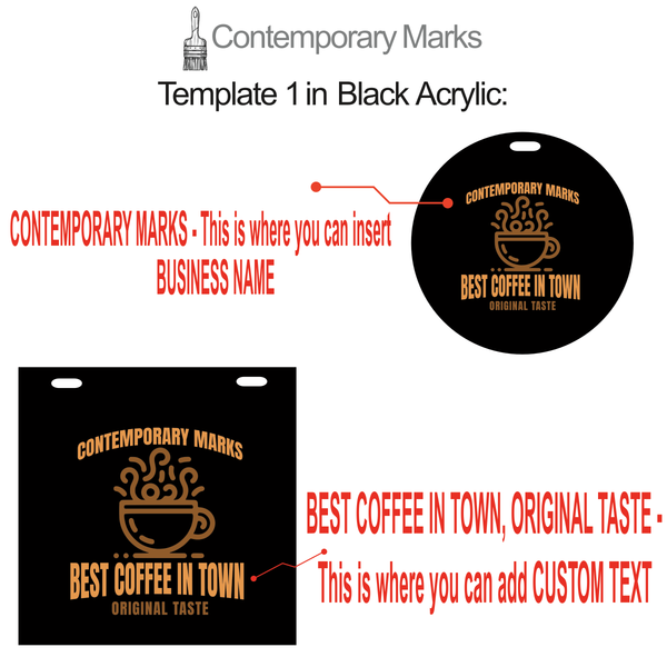 Contemporary Marks pre-set templates for Coffee store in 12x12 and 15x15 black acrylic board