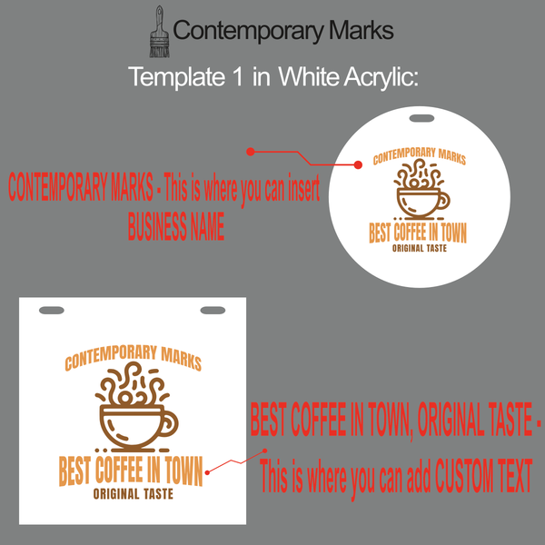 Contemporary Marks pre-set templates for Coffee store in 12x12 and 15x15 white acrylic board