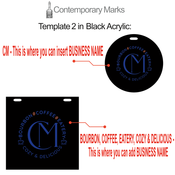Contemporary Marks pre-set templates for cafe store in 12x12 and 15x15 black acrylic board