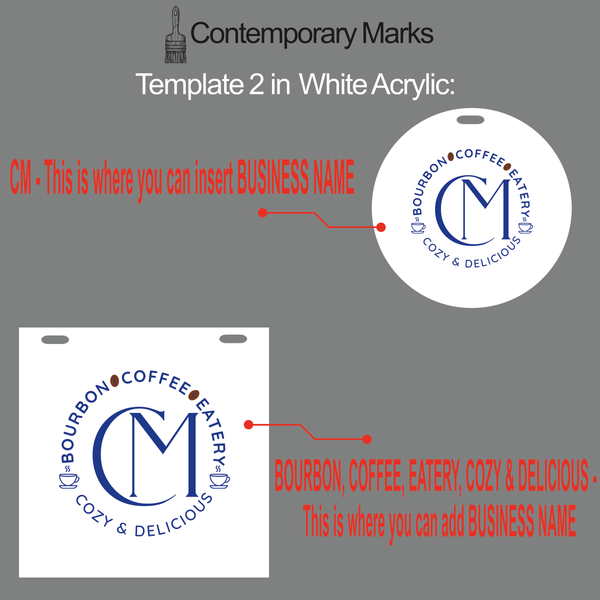 Contemporary Marks pre-set templates for cafe store in 12x12 and 15x15 white acrylic board
