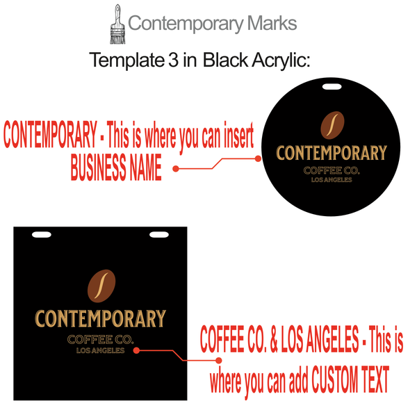 Contemporary Marks pre-set templates for custom hanging Coffee Co. business in black acrylic
