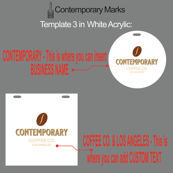 Contemporary Marks pre-set templates for custom hanging Coffee Co. business in black acrylic