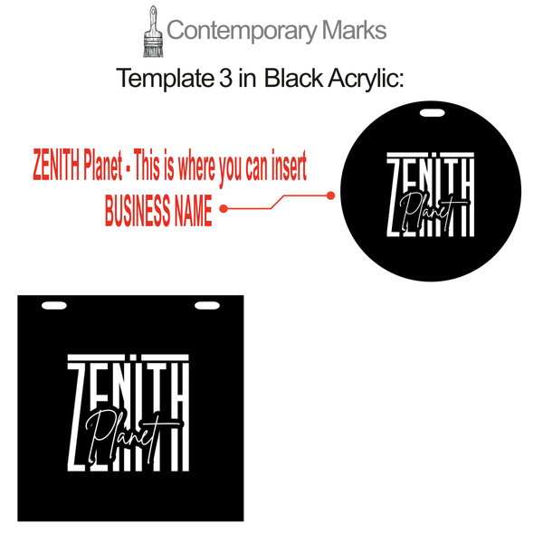 Contemporary Marks pre-set templates for shop sign with customized logo sign in 12x12 and 15x15 Black Acrylic