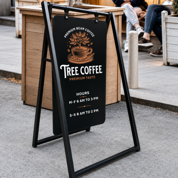 Outdoor sign for Tree Coffee with coffee cup graphic and hours displayed.