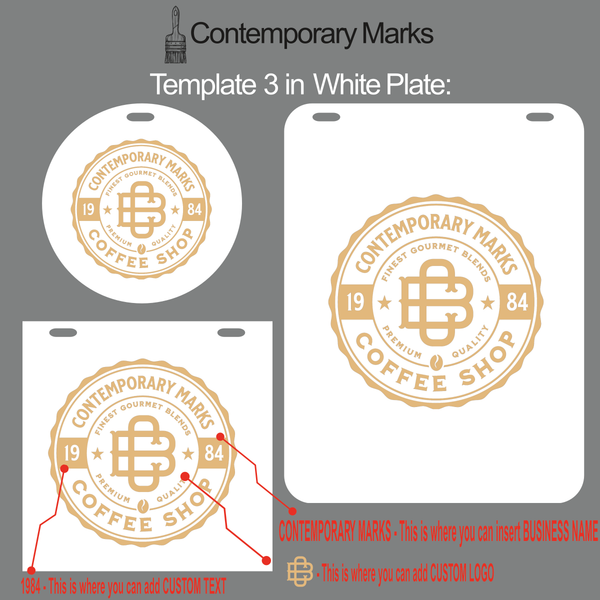 Contemporary Marks pre-set templates for customized coffee logo signs in white chalkboard plate