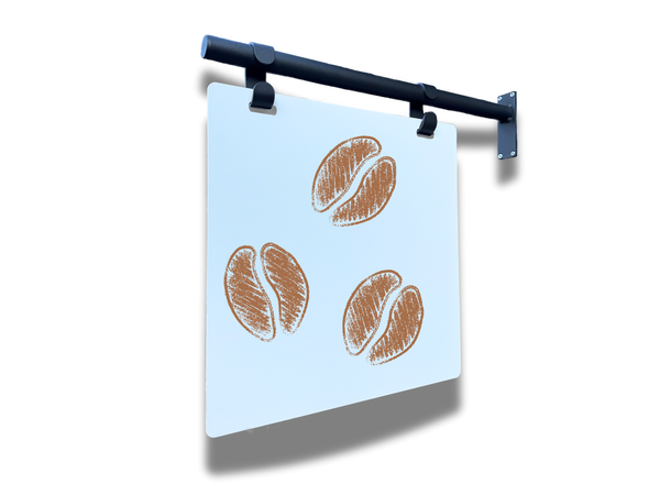 Business decor sign with coffee logo in black frame with white board