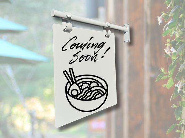 Outdoor hanging sign for ramen restaurant