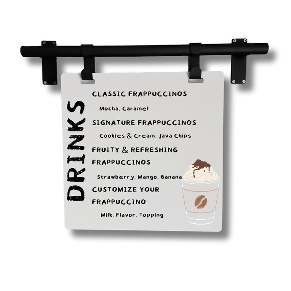 Hanging Menu Sign with coffee menu in black frame with white board