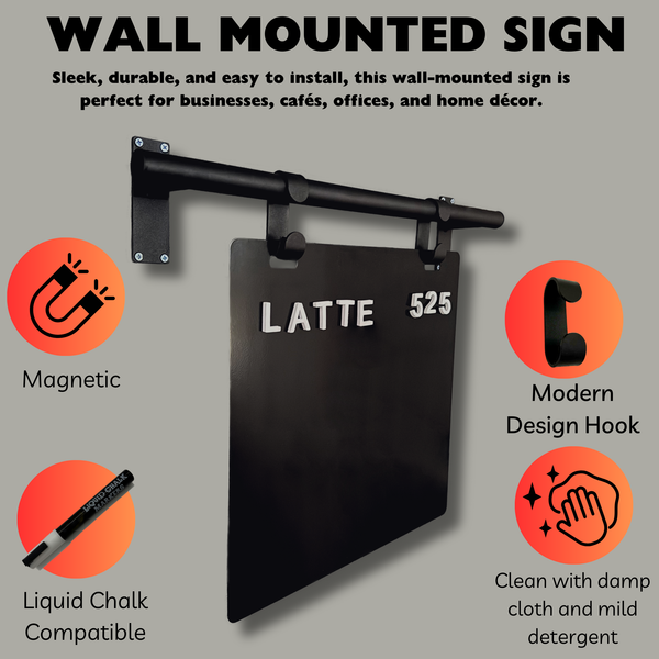 Contemporary Marks Wall Menu Board Product Highlight Features in black frame with black board