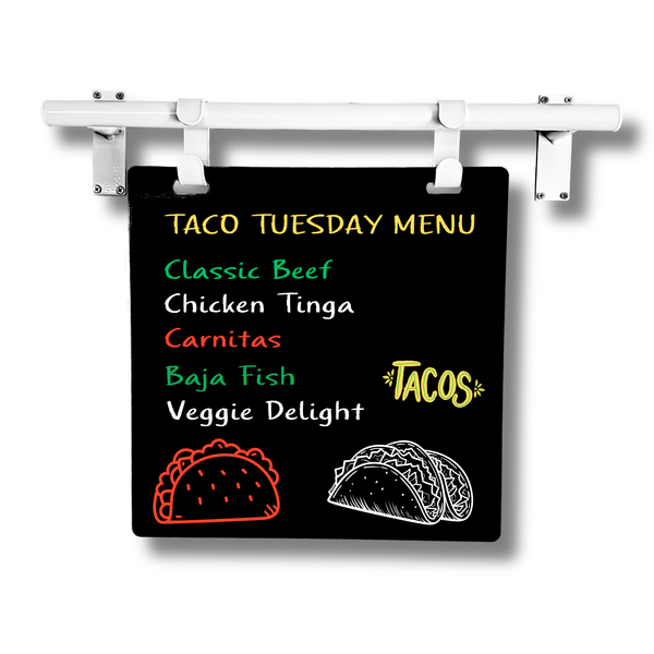 Wall Mounted Menu Board with Taco Tuesday Menu in white frame with black board