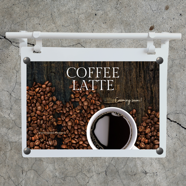 Minimalist Style Chalkboard Hanging Sign in landscape orientation with white frame and white board