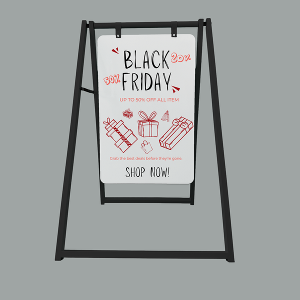 Black Friday promotional sign on a stand against a gray background