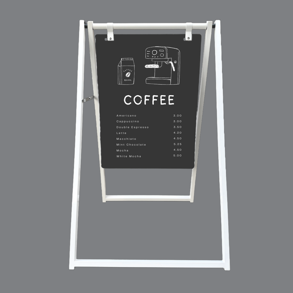 A-frame sign with coffee menu on a gray background