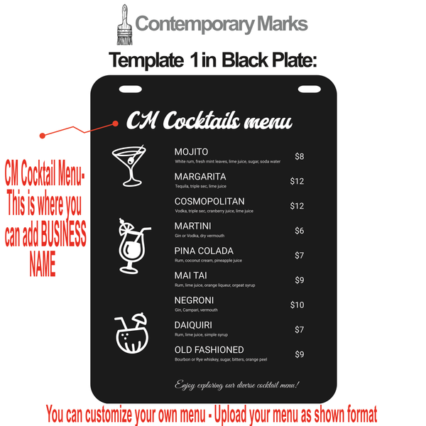 Contemporary Marks pre-set cocktail menu templates for hanging menu sign in black