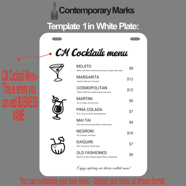 Contemporary Marks pre-set cocktail menu board templates for hanging menu sign in white