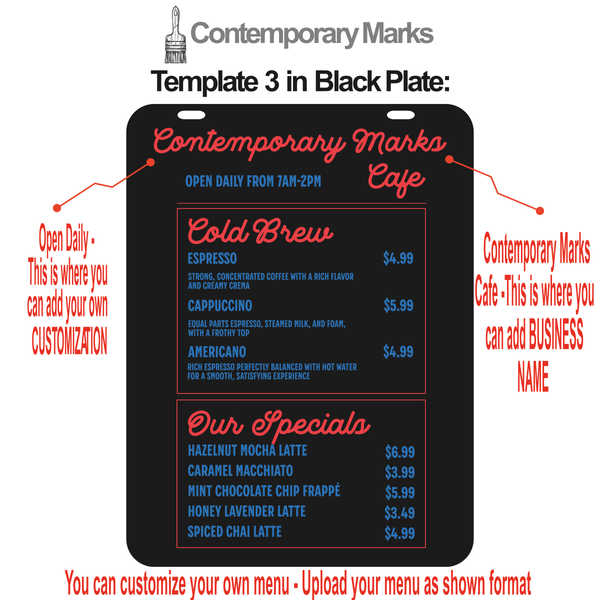 Contemporary Marks pre-set cafe shop magnetic menu board templates for hanging menu sign in black
