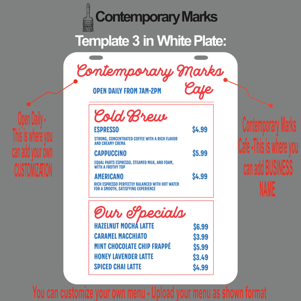Contemporary Marks pre-set cafe shop magnetic menu display templates for hanging menu sign in white