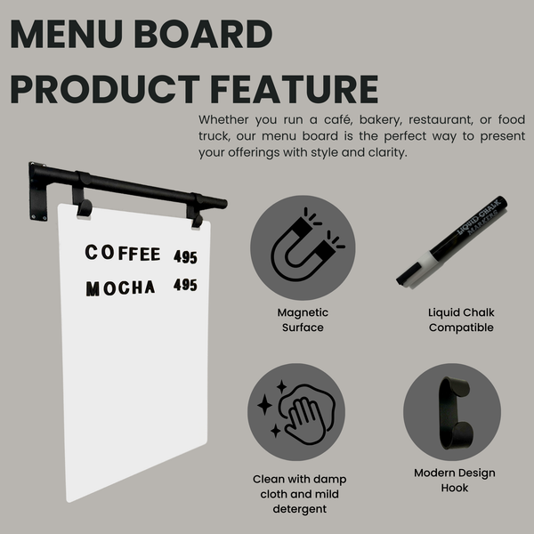 Minimalist Style Menu Board Product Features - Black Frame with White Board