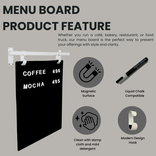Contemporary Marks Hanging Menu Sign Menu Board Product Feature- White Frame on Black Board