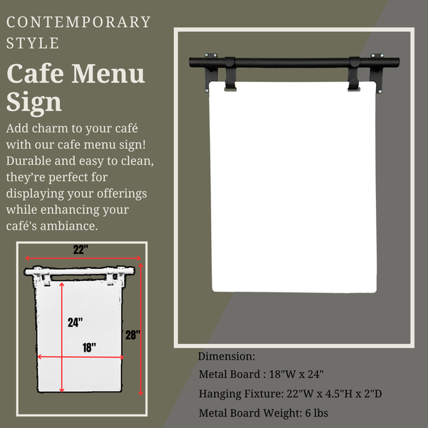 Contemporary Marks Cafe Menu Sign Dimension Reference - Black Frame on White Board