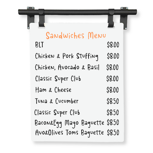 Contemporary Marks Hanging Menu Sign Sandwiches Menu - Black Frame with White Board