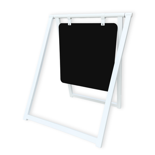 White a-frame sign with a black chalkboard surface on a white background