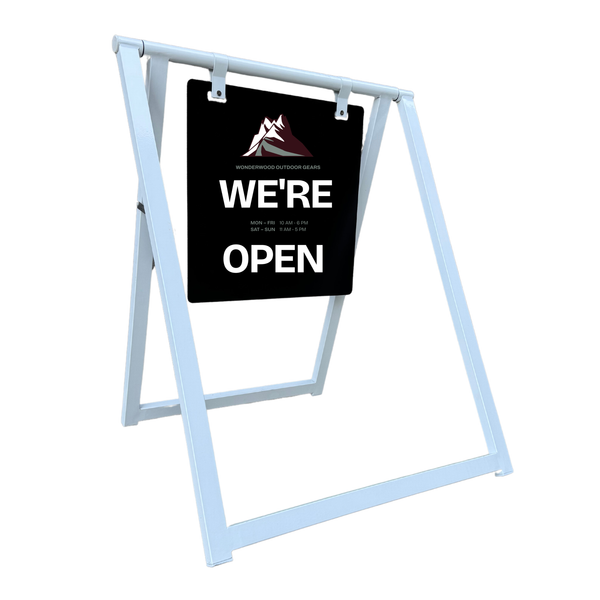 A-frame sign with 'WE'RE OPEN' text on a white background