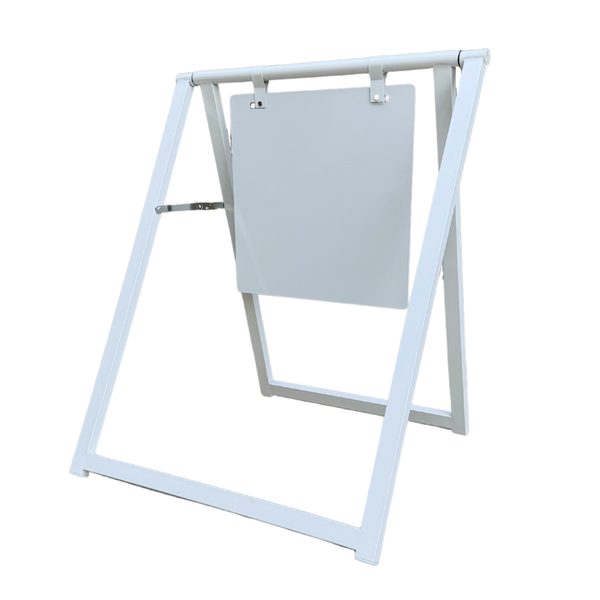White metal a-frame sign holder with a white board on a white background