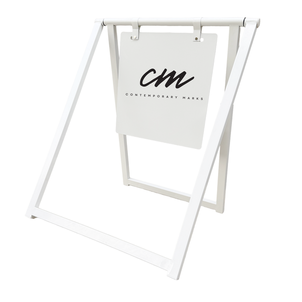 White a-frame sign with 'CM Contemporary Markers' logo on a white background