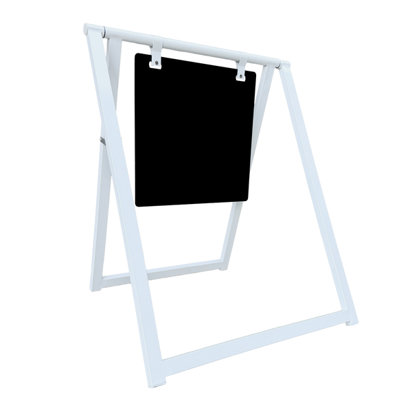 White sidewalk frame sign with a black board