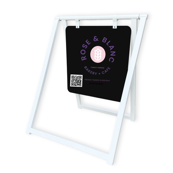 Minimalist sign with Rose & Blanc Bakery & Cafe logo on a white background