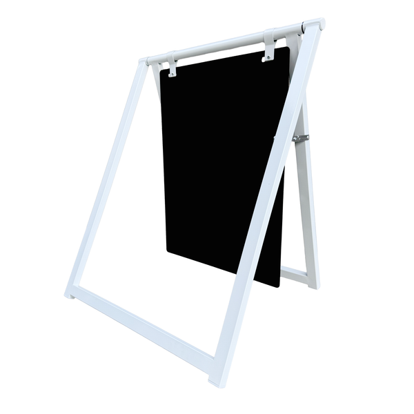 White a-frame sign with black board on a white background