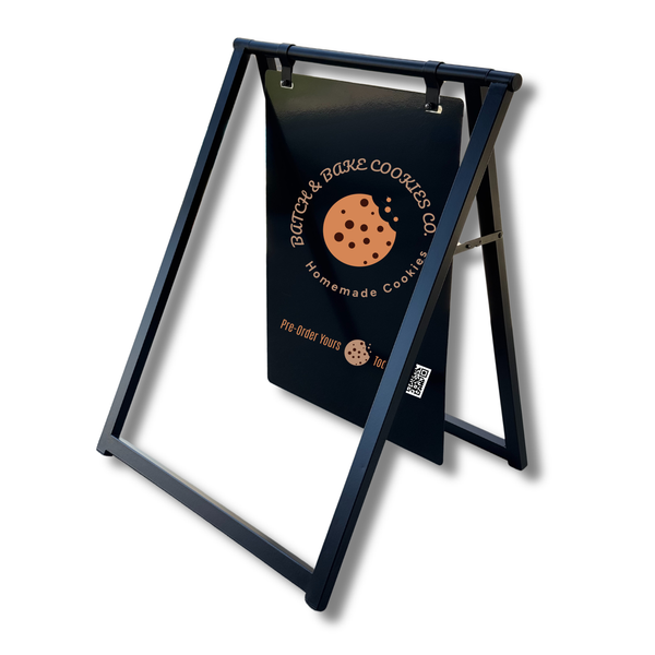 Cookies-themed signboard with branding on a white background