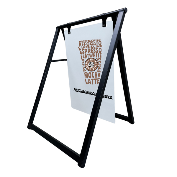 Black metal a-frame sign holder with a white menu board displaying coffee-related text.