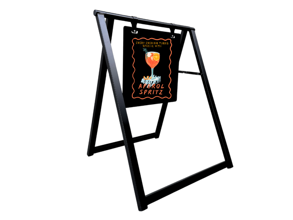 Retail Business Sign Black metal a-frame sign with a promotion display