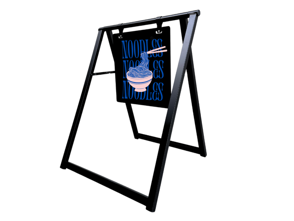 Contemporary Sidewalk Black a-frame sign with noodles blue and pink design