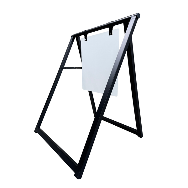 Blank cafe sidewalk sign Black metal a-frame sign with a white plates