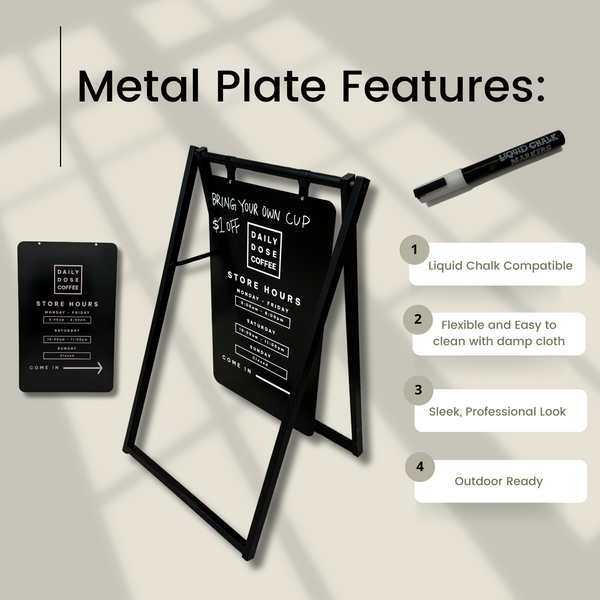 Large Metal 24x38 Sandwich Board with Magnetic Surface Chalkboard Sign highlight Feature in Black Frame with Black Board