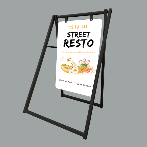 Outdoor sign for 'Street Resto' on a gray background
