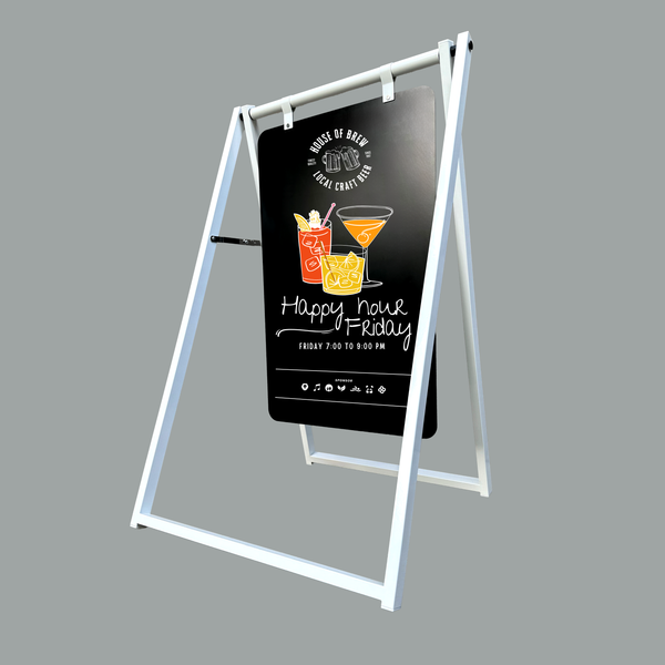 Outdoor advertising board with a happy hour promotion on a gray background