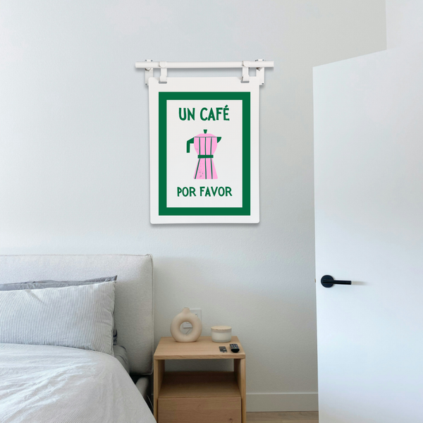 Coffee Art Sign with a pink dress graphic and text on a wall above a bed in a bedroom.