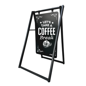 Black metal chalkboard surface a-frame sign with white text and coffee cup graphic on a white background