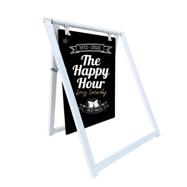 Outdoor street sign with 'The Happy Hour' text on a stand with chalkboard writing