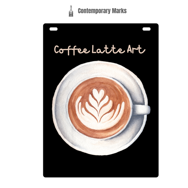 Metal wall art with a coffee cup and latte art design on a black background